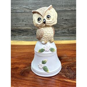 Vintage Owl Bell Ceramic Horned Pink Flowers Taiwan‎ Big Eyes 5ins